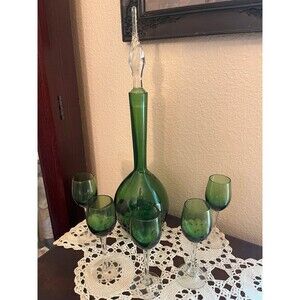 Vintage Green Glass Decanter Set